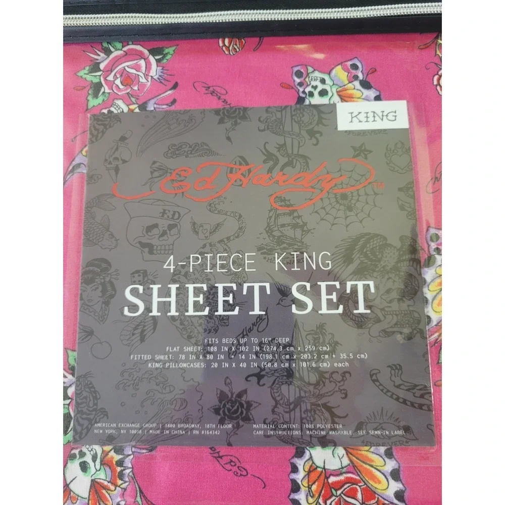 Ed Hardy King Size Pink Bedsheet Set Roses Butterfly Skulls Y2K 16